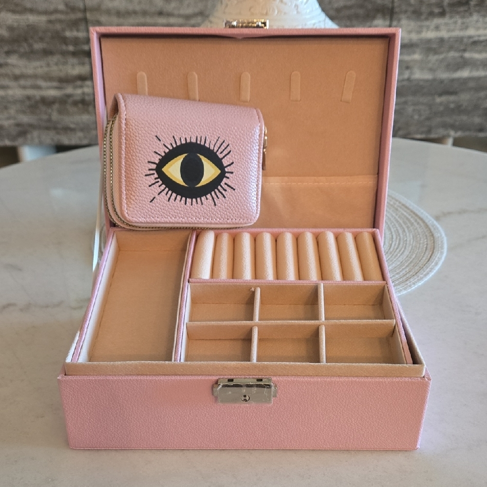 Chic Pink Jewelry Box 2 Levels Velvet Plus Evil Eye Travel Organizer